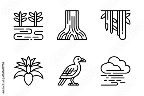 Tropical jungle plants and environment line icons