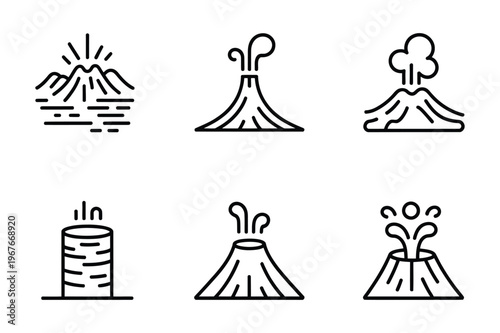 Volcanic eruption and geological activity line vector icon set