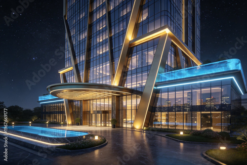 Futuristic glass building with gold accents glowing at night under starry sky and blue lights