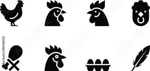 Chicken and poultry icon set, black silhouette rooster hen eggs drumstick feather symbols, minimalist farm animal vector collection isolated on background