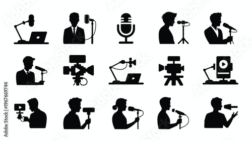 Professional media creators working with microphones and cameras in various settings for content production