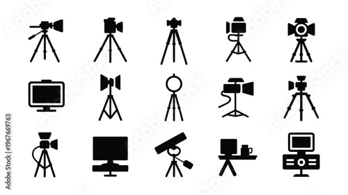 Digital creator toolkit with various camera and monitor icons for content production and editing on a white background