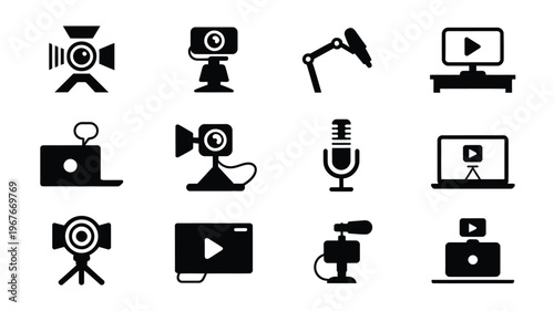 Silhouette icons of video recording equipment and social media symbols for livestreaming and content creation