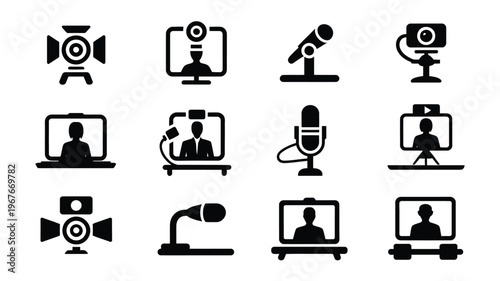 Silhouette icons of livestreaming setup with people on laptops and microphones for online broadcasting and video recording
