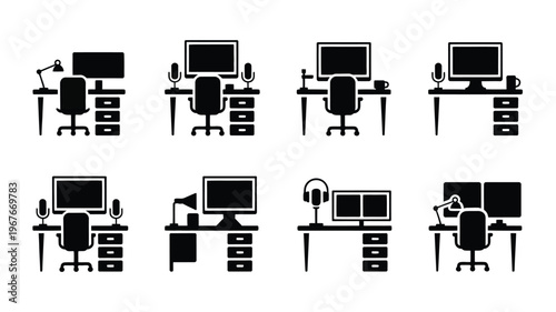 Creative studio setup with silhouette logo office desks computers and chairs for design and technology concepts