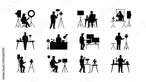Silhouette icons of photographers and videographers working with various equipment in studio settings