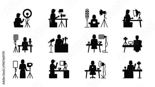 Vector illustration of people working in a studio with cameras and lighting equipment