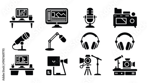 Collection of minimalist black podcast and recording studio icons on white background