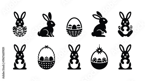Easter bunny silhouettes with decorative eggs on white background for holiday designs