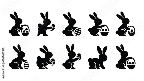 Playful easter bunny silhouettes with decorated eggs on white background festive holiday icons
