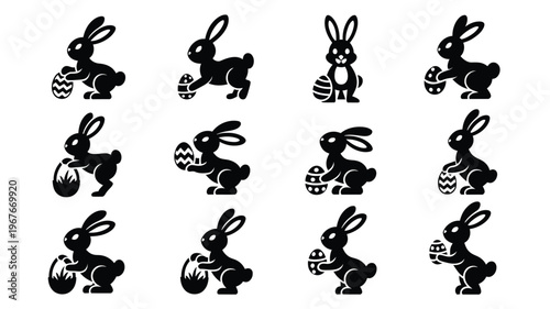 Playful easter bunny silhouettes with eggs on white background holiday icons