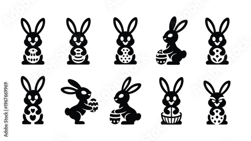Cute easter bunny silhouettes with decorated eggs on white background holiday icons