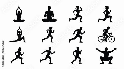 Healthy living silhouette icons set for fitness and wellness concepts featuring yoga running cycling and exercise silhouettes on white background