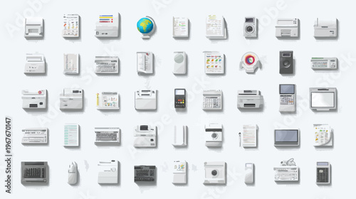 White 3D Rendered Icons: Modern Office Equipment Collection, Printers, Copiers, Scanners, Faxes, and Business Devices
