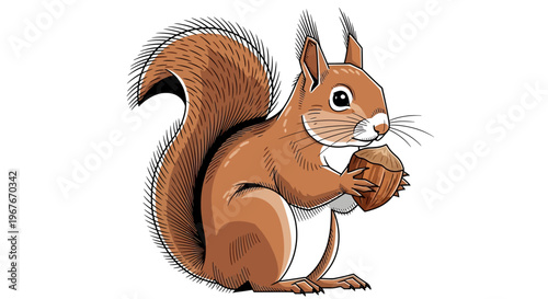 Cute red squirrel illustration holding a hazelnut on a white background
