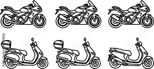 Black and white line drawing of various motorcycles and scooters in different positions and angles for design and illustration purposes