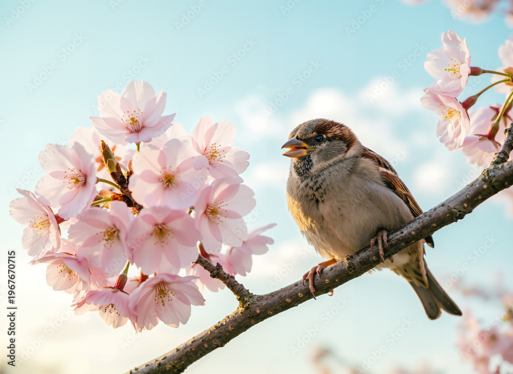 Fototapeta premium Sparrow perched on cherry blossom branch in a serene atmosphere