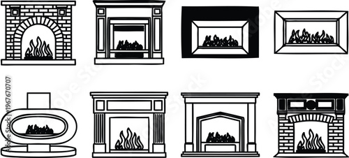 Various fireplaces with flames and logs in different designs and styles for home heating and decoration purposes  modern and traditional