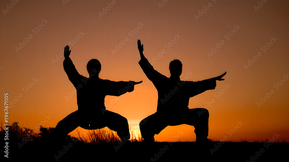 Fototapeta premium taichi. Two martial artists in a dynamic pose, silhouetted against a vibrant sunset backdrop. inspiring travel planning, event key visuals, designed for fitness apps and gym onboarding.