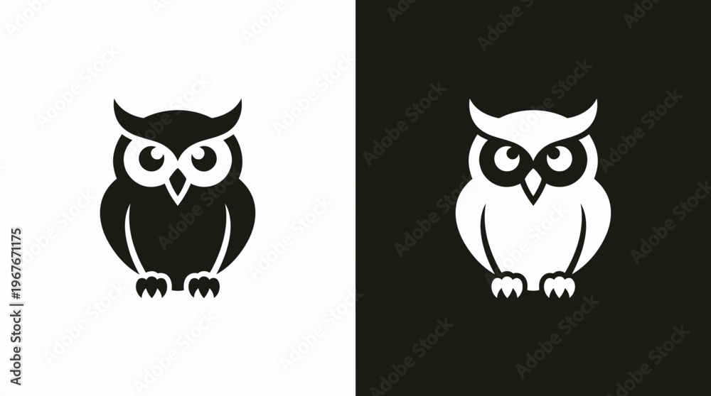 Fototapeta premium A wise black owl and its sharp white silhouette perched attentively on a clean contrasting background.