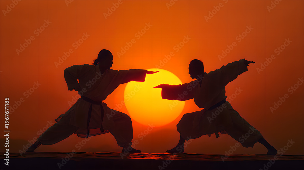Fototapeta premium taichi. Two martial artists in a dynamic pose, silhouetted against a vibrant sunset backdrop. inspiring travel planning, event key visuals, designed for fitness apps and gym onboarding.
