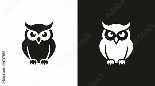 A wise black owl and its sharp white silhouette perched attentively on a clean contrasting background.