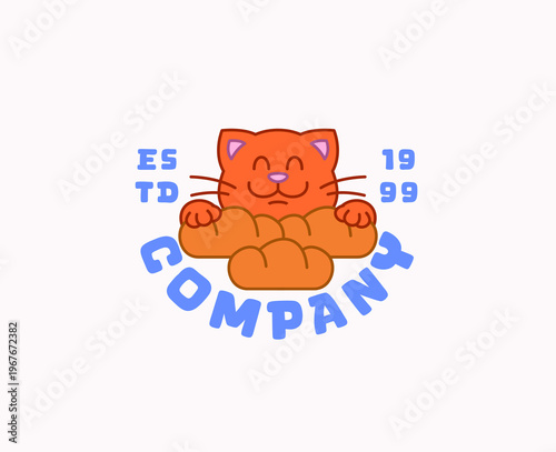 Cute cat bakery logo with bread loaves and company text cartoon vector
