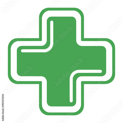 Green medical cross icon with white outline, health symbol, a stylized, geometri