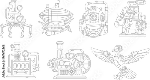 Steampunk mechanical inventions vector set, vintage industrial machinery and fantasy airship line art, retro futuristic engine and clockwork bird illustrations