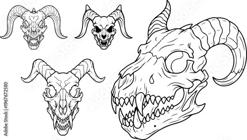 Gothic demon skull vector set, horned monster cranium line art, 4 dark fantasy animal skulls with sharp teeth, occult satanic baphomet illustrations