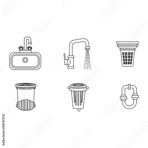Essential household plumbing fixtures and water filtration icons