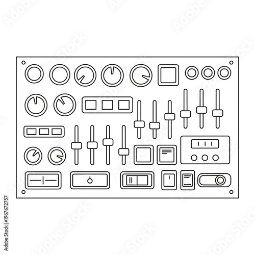 Outline doodle drawing of an analog audio mixer control panel interface