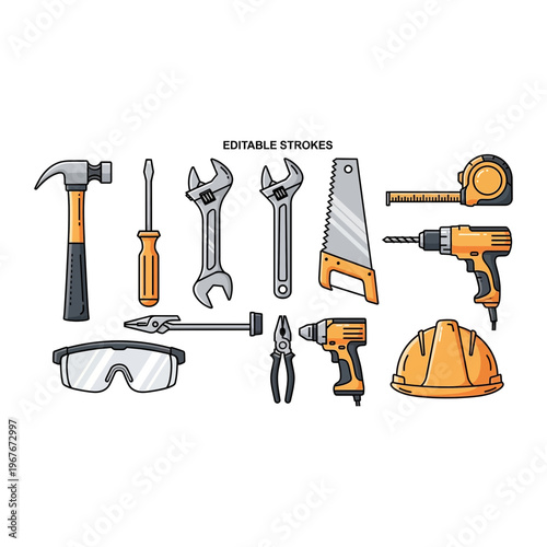 Industrial hand tools and safety equipment vector illustration set