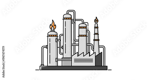 Industrial factory with smokestack and flame.