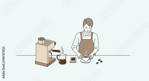 Woman making coffee with machine.