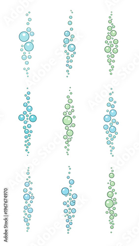 Collection of abstract bubbles in various shades of blue and green with dynamic arrangements and