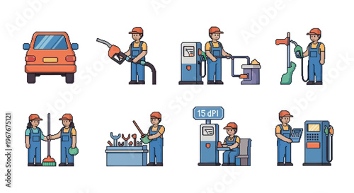 Gas Station Attendant  Car Service Flat Illustration Set