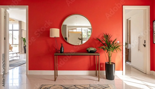 Modern Home Interior with Red Wall and Stylish Decor.