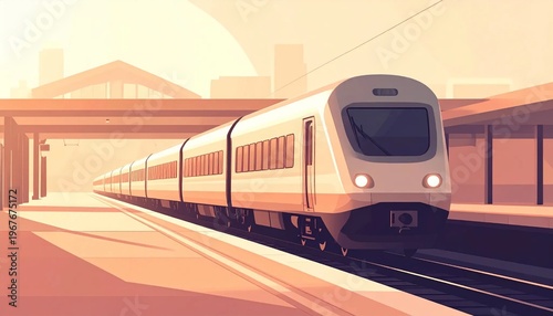 Modern Passenger Train Arriving at Station Platform During Sunset.