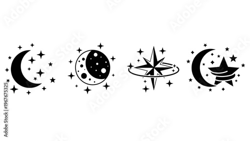 Collection of Celestial Symbols and Space Elements in Black and White Artistic Design