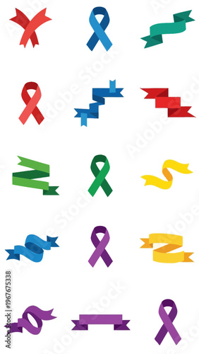 Collection of colorful awareness ribbons representing various causes and support themes