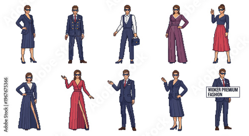 Pixel Art Fashion Models in Business Suits and Dresses