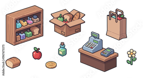 Isometric Pixel Art Grocery Store  Shopping Items Collection: Retail Assets