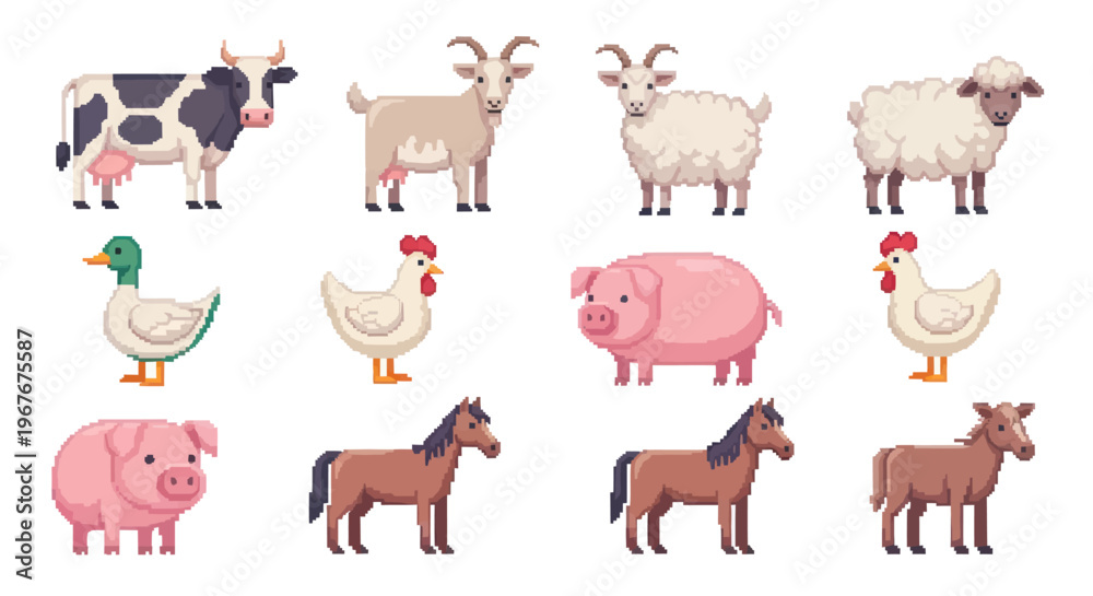 Obraz premium Flat Farm Animals Vector Icon Set - Cute Livestock Collection