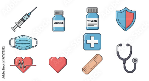 Pixel art medical healthcare icon set with vaccine syringe mask and stethoscope retro style