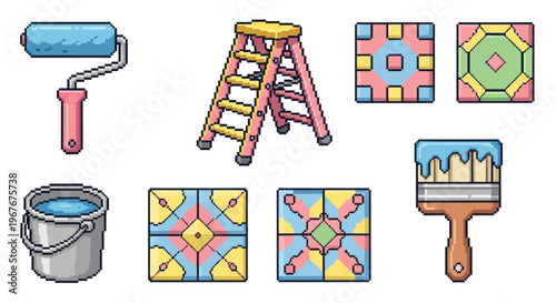 Pixel Art Home Renovation and Painting Tools Icons with Decorative Tiles Set