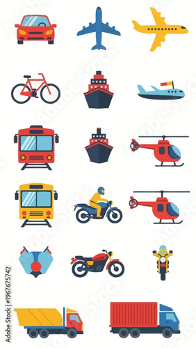 Collection of diverse transportation modes including cars bicycles ships and aircraft for travel