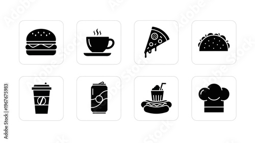 Collection of Food and Beverage Icons Depicting Fast Food Items and Drinks in Simple Black