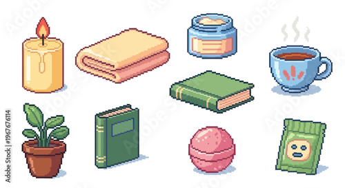 Pixel art cozy items: candle, towel, plant, book, cream, coffee, bath bomb, mask