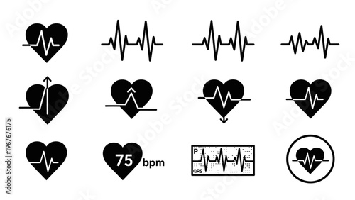 Collection of medical and health monitoring heart rate icons and ECG symbols for healthcare concepts